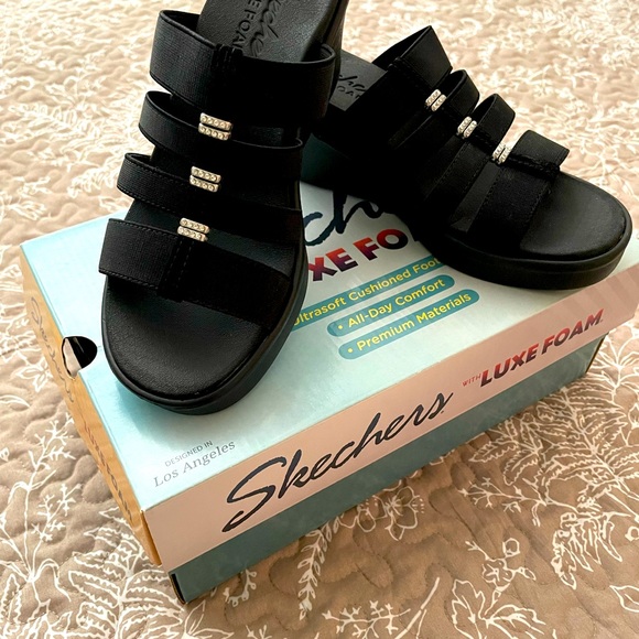 Skechers Shoes - Skechers black wedge sandals with faux crystal accents